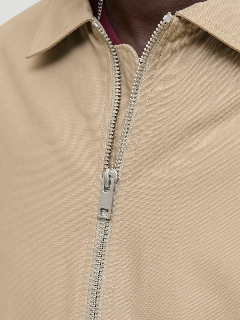 Close-up of a beige jacket with a silver zipper on a light gray background