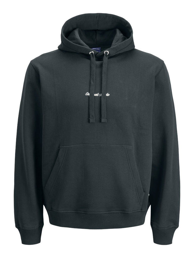 Dark green hoodie with a small white logo on a white background