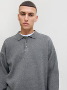 JACK JONES PREMIUM Bradfort Knit Polo-Medium Grey Melange Medium Grey Melange model front view