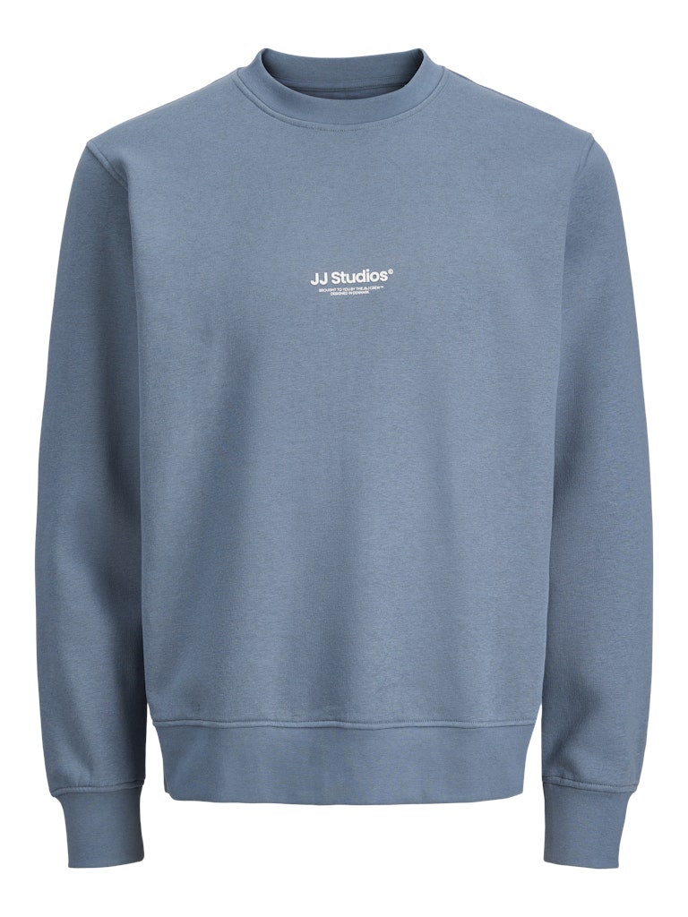 Blue sweatshirt with 'JJ Studios' logo across the chest