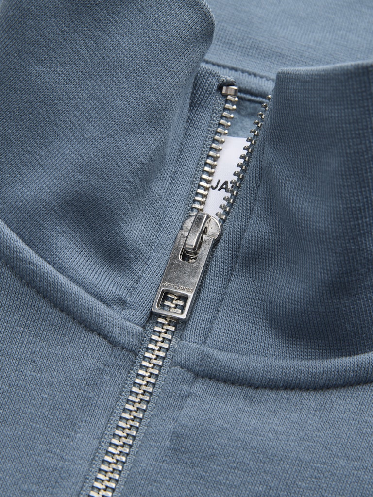 Close-up of a blue zip-up sweatshirt with a zipper detail.
