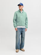 JACK & JONES Soho Quarter Zip Sweatshirt-Mineral Blue Mineral Blue model front view