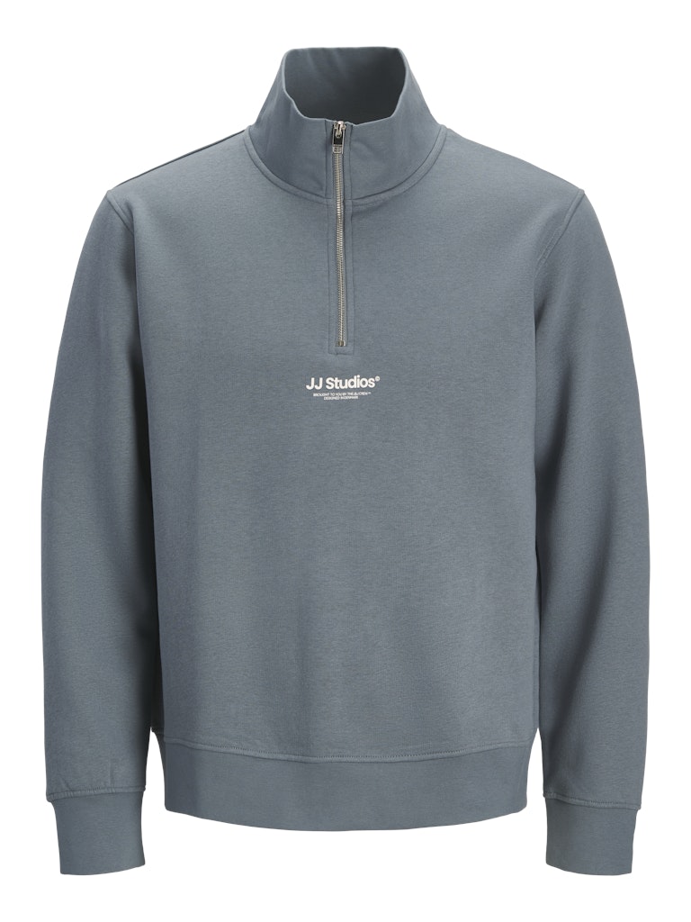 Gray sweatshirt with a zipper and 'JJ Studios' logo on a white background