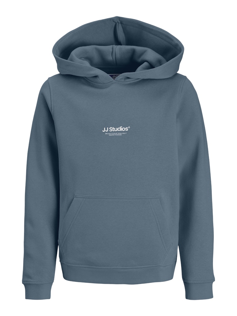 Blue hoodie with 'JJ Studios' logo on a white background