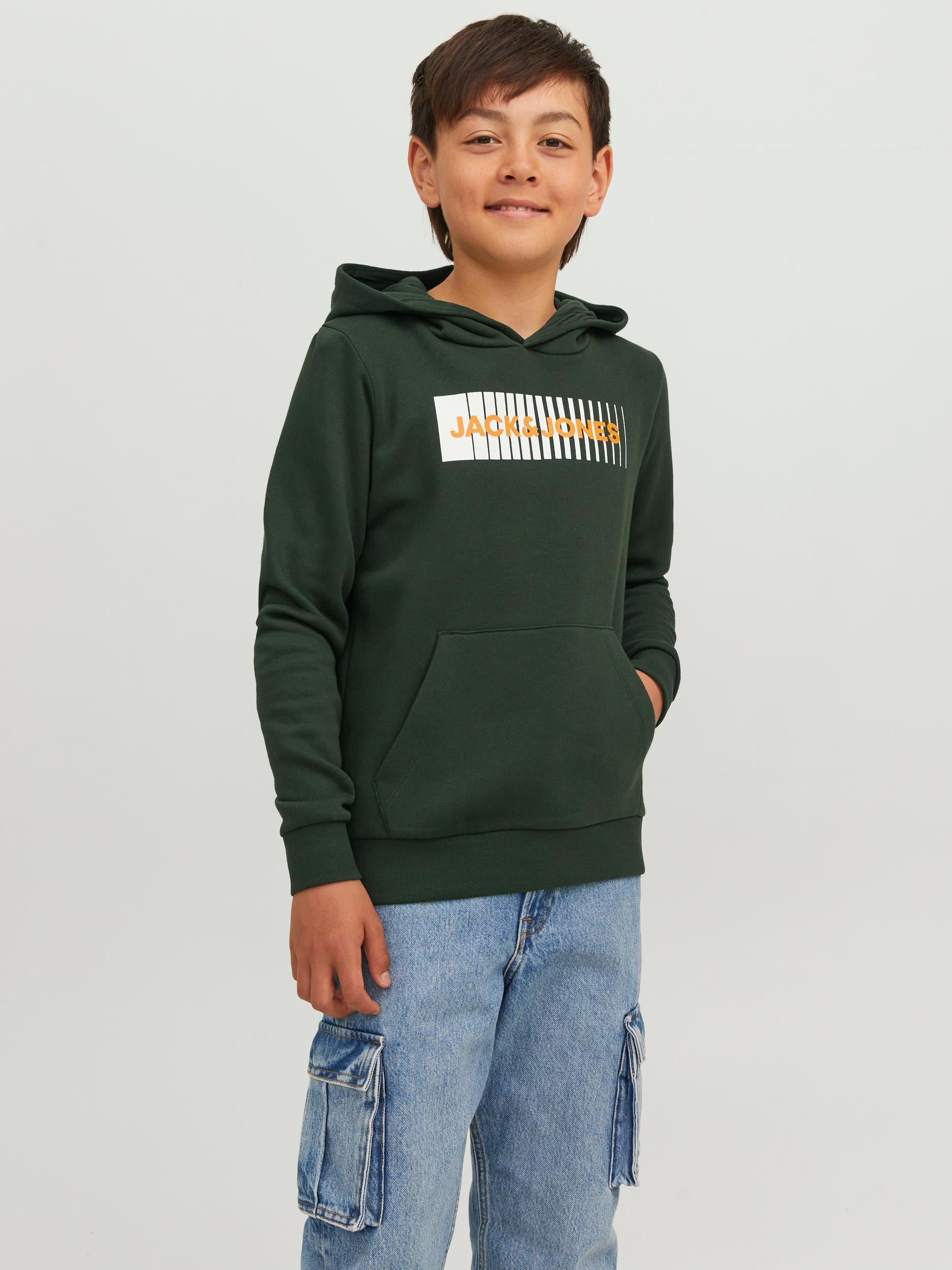 Boy's Green Junior Corp Sweat Hood-Model Front View