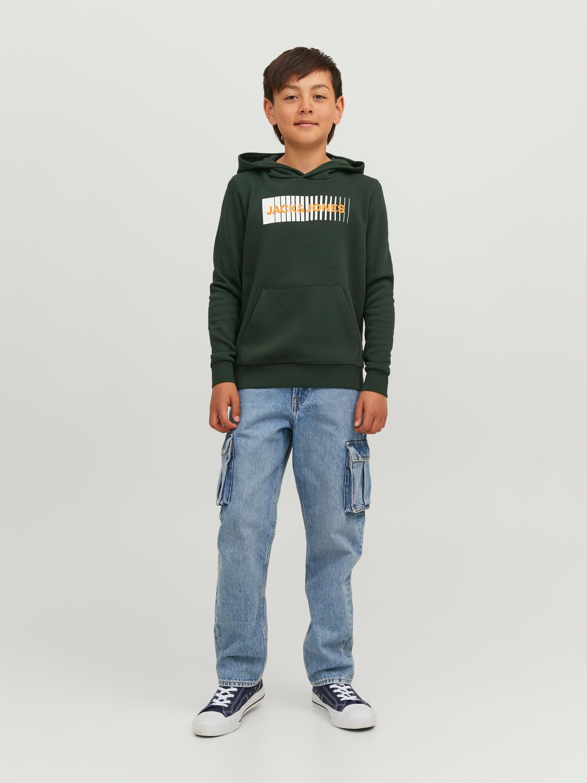 Boy's Green Junior Corp Sweat Hood-Model Full Front View