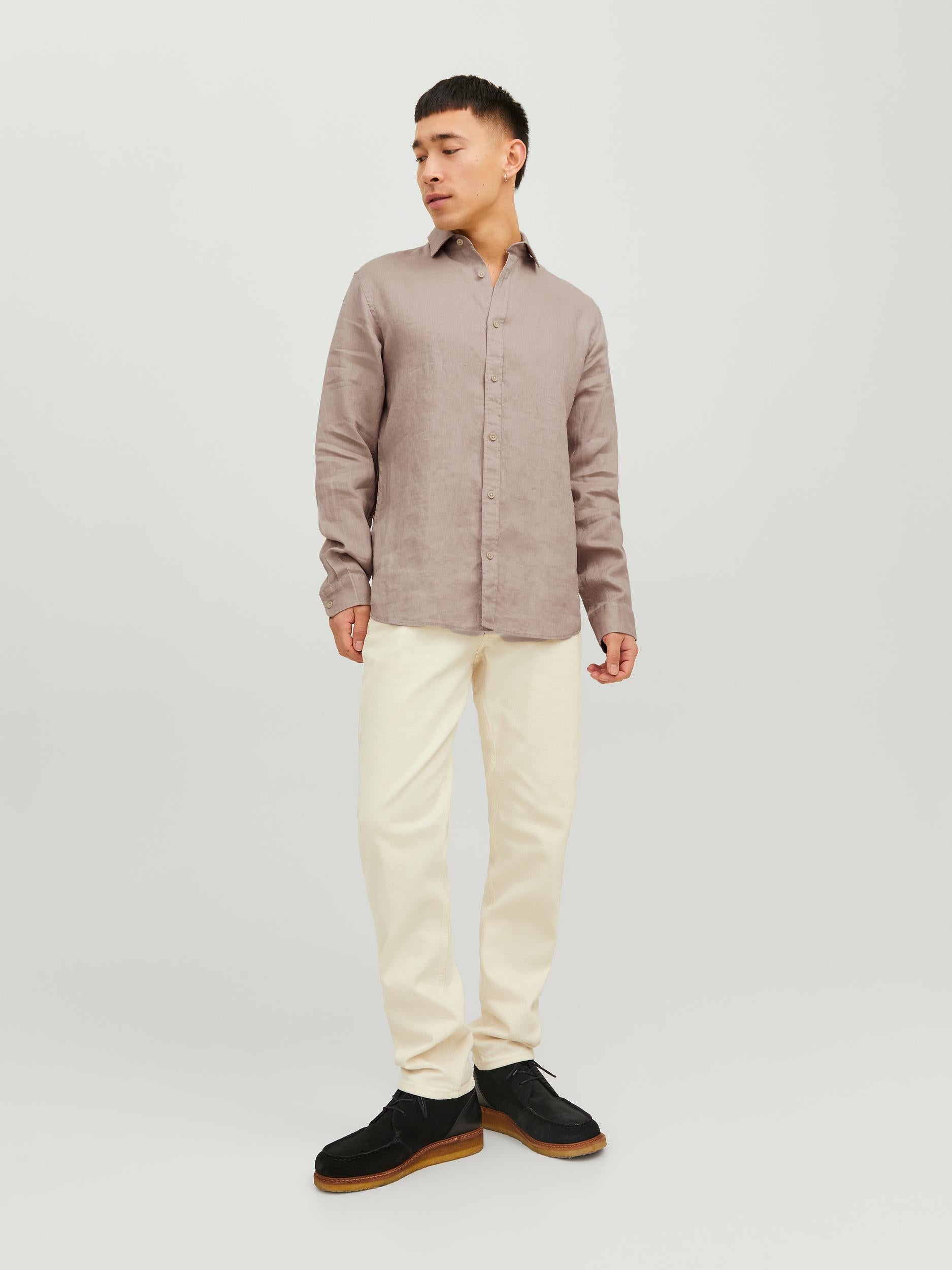 Men's Ordinary Long Sleeve Crockery Linen Shirt-Model Full Front View