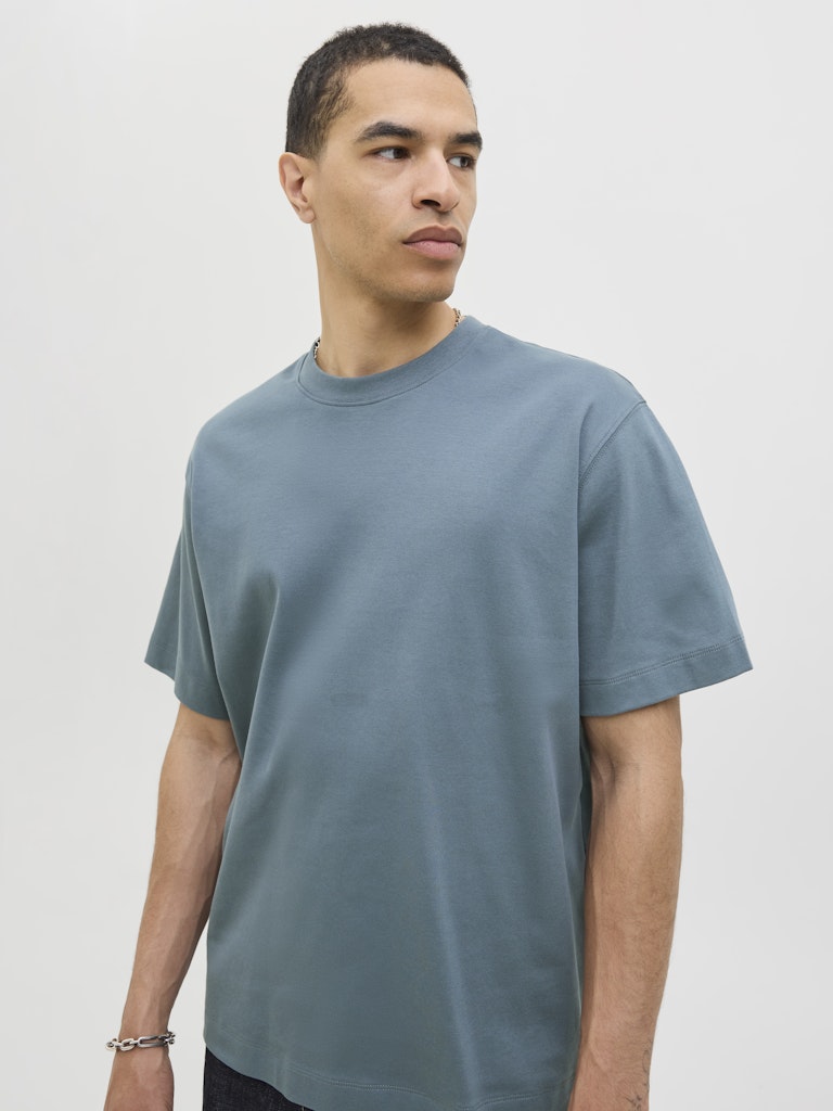 Man wearing a plain blue grey t-shirt against a light gray background