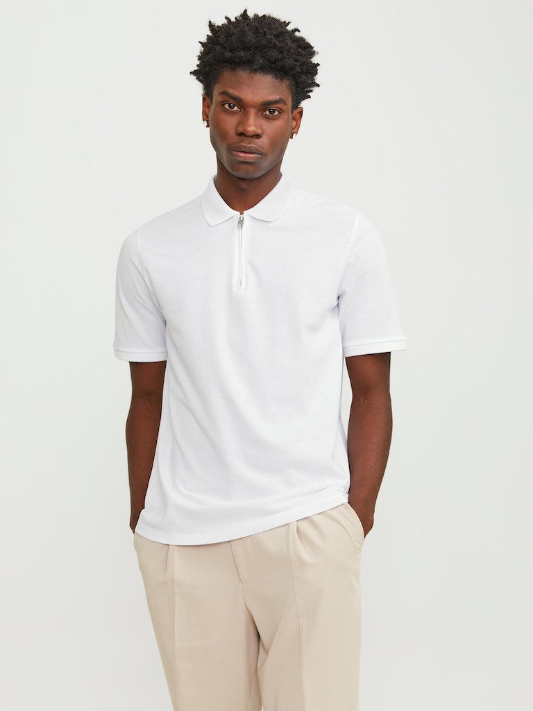 JACK & JONES Mac Zip Short Sleeve Polo-White White front view