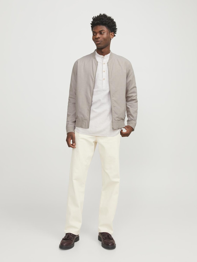 Full-length front view of the Jack and Jones Summer Linen Crockery bomber jacket