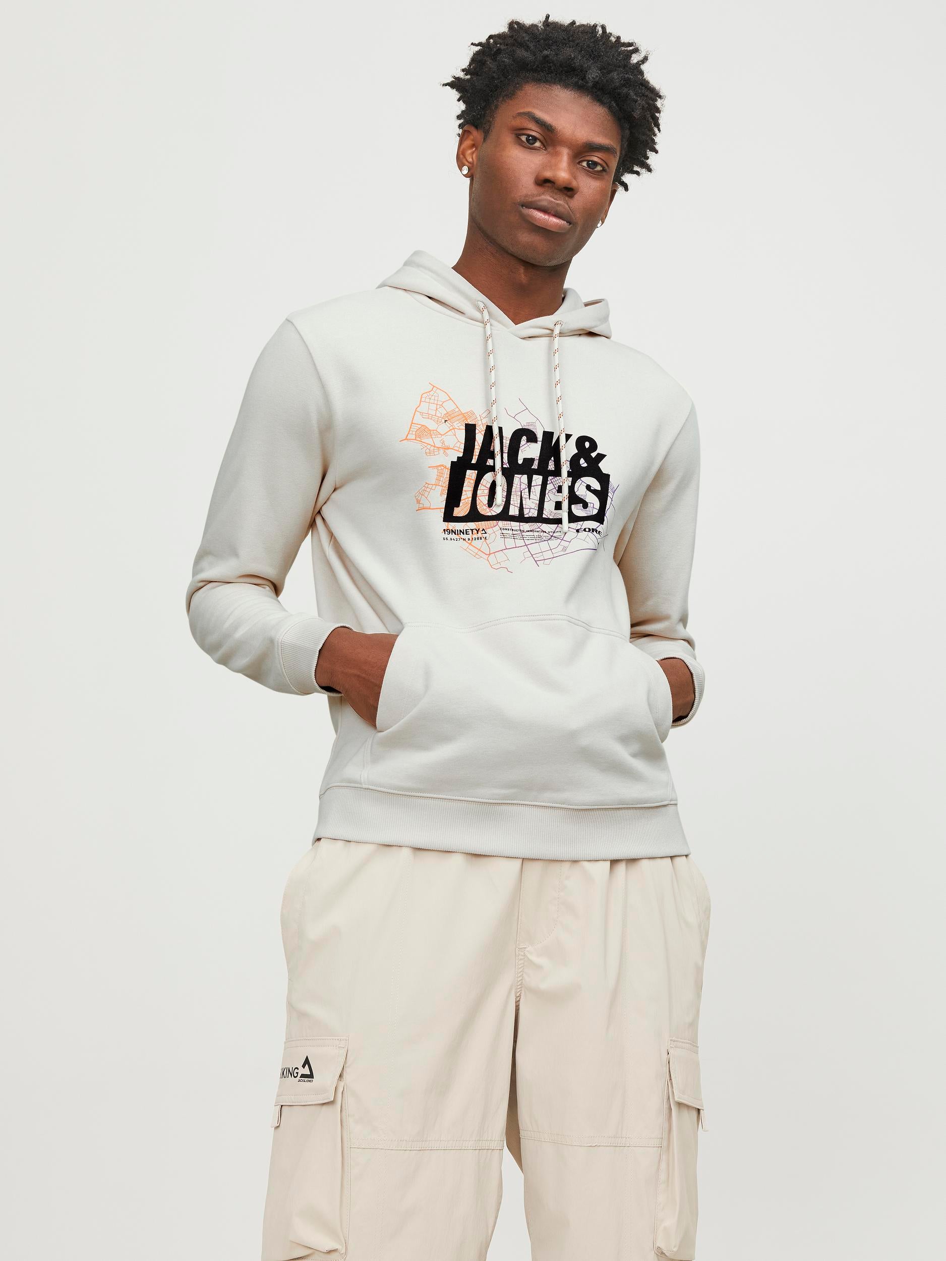 JACK JONES CORE Map Logo Sweat Hood-Moonbeam Moonbeam front view