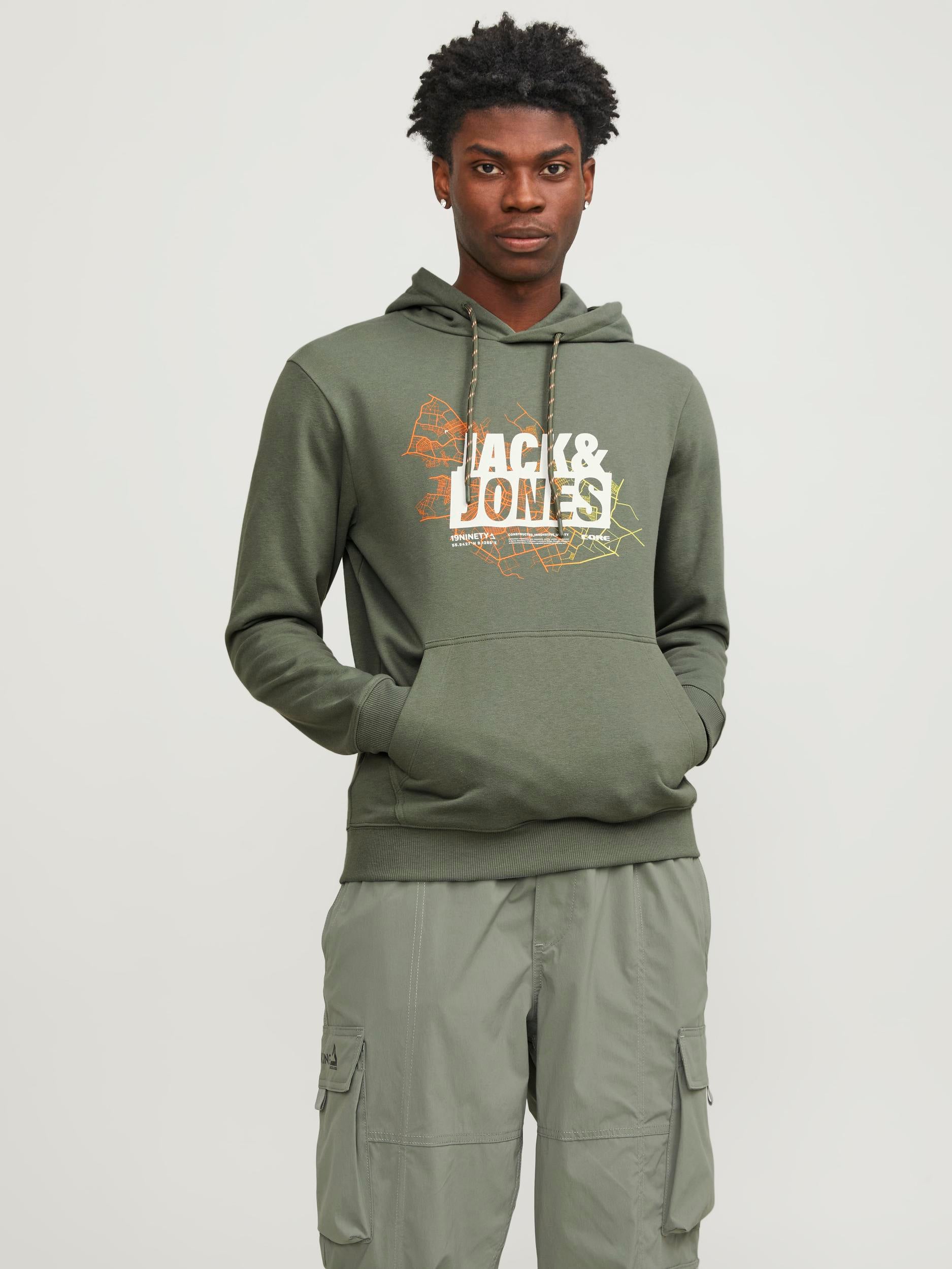Men's Map Logo Sweat Hood-Agave Green-Model Front View