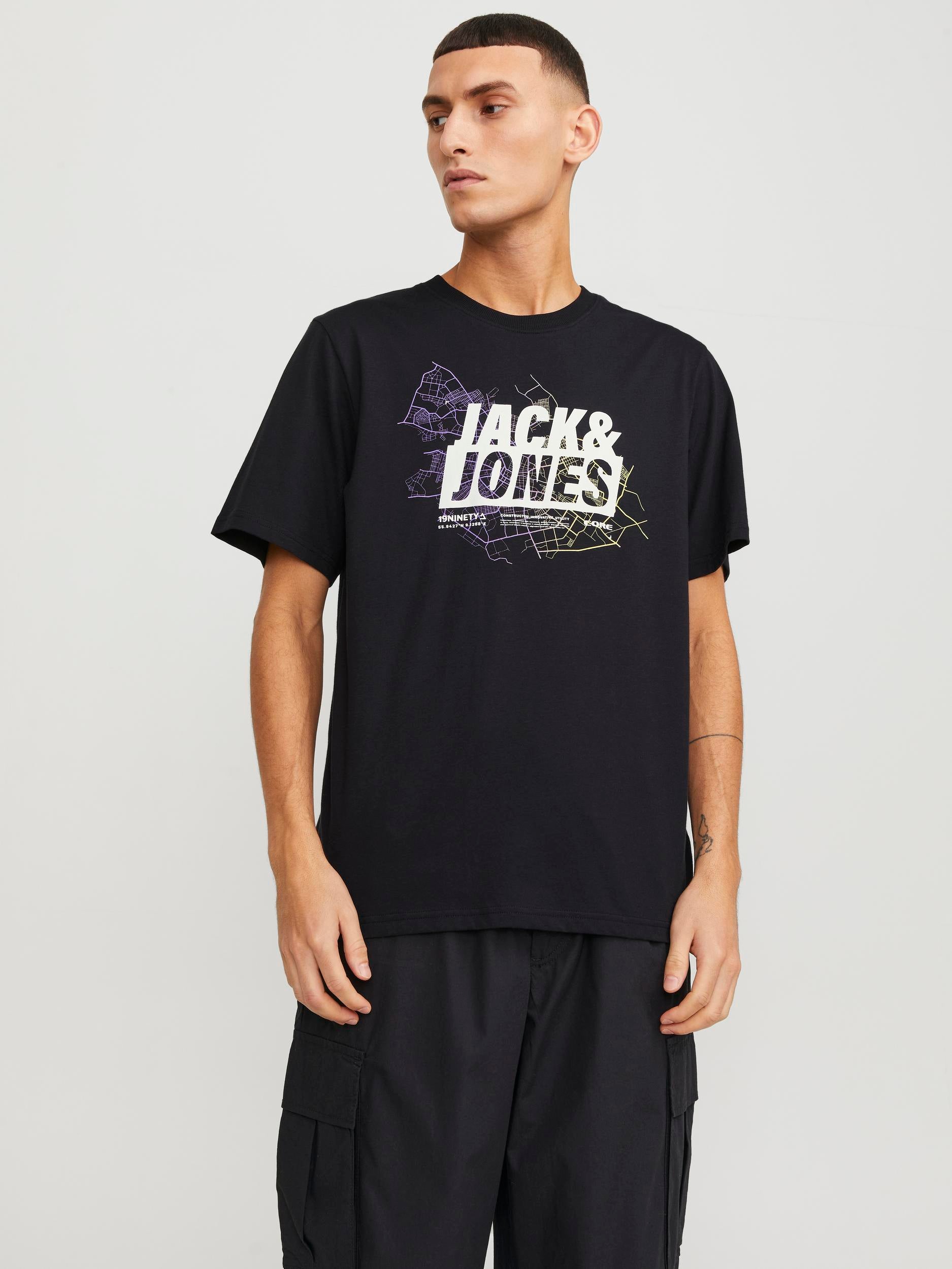 JACK JONES CORE Map Logo Tee Short Sleeve Crew Neck-Black Black front view