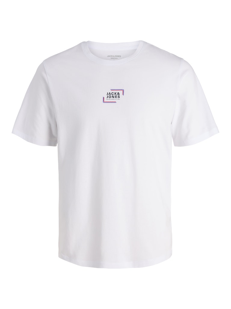 White t-shirt with a small logo on the chest against a white background