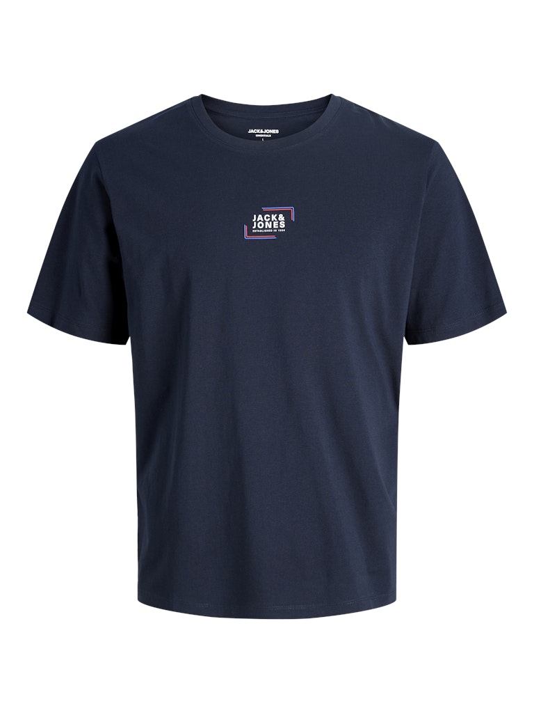 Navy blue t-shirt with a small logo on the chest against a white background