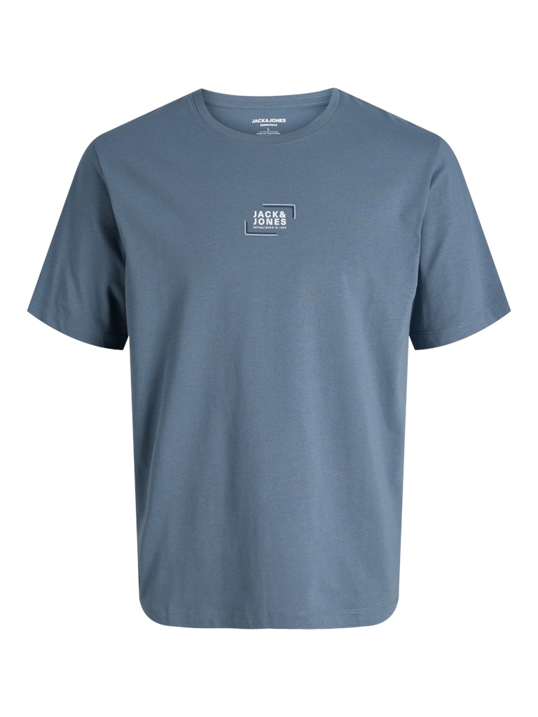 Blue t-shirt with a small logo on a white background