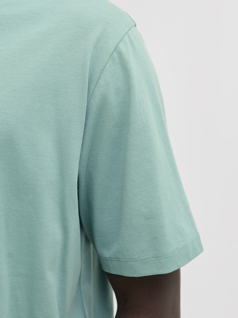 Light green t-shirt worn by a person on a white background