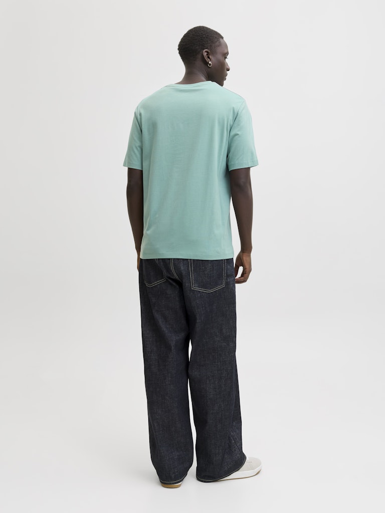 Person wearing a light green t-shirt and dark jeans on a white background