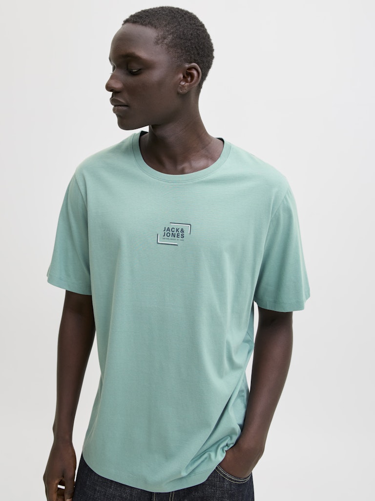 Person wearing a light green t-shirt with a brand logo on a plain background