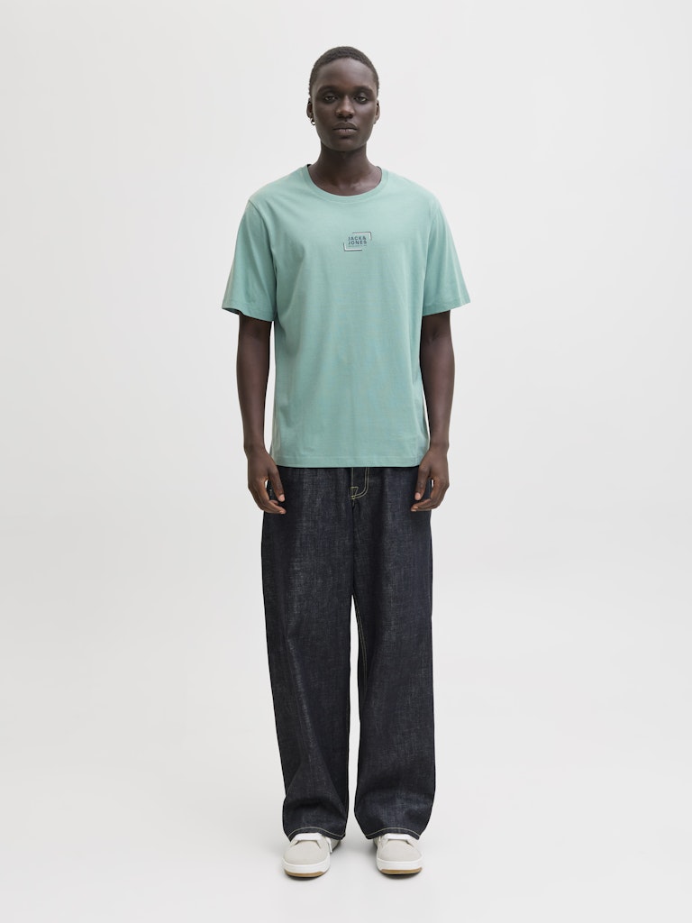 Person wearing a light green t-shirt and dark jeans on a white background