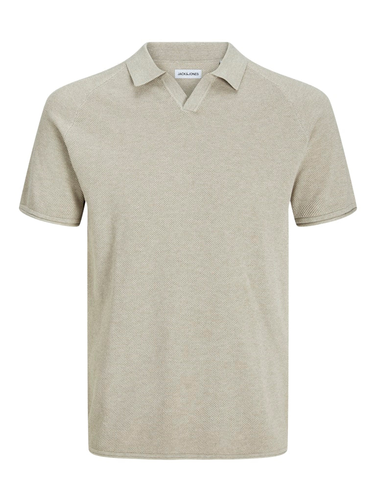 JACK&JONES Hill Knit Split Neck Polo-Oatmeal OATMEAL flat front view