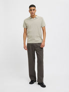 JACK&JONES Hill Knit Split Neck Polo-Oatmeal OATMEAL model front view