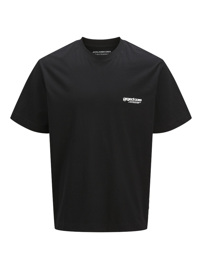 Black t-shirt with a logo on a white background