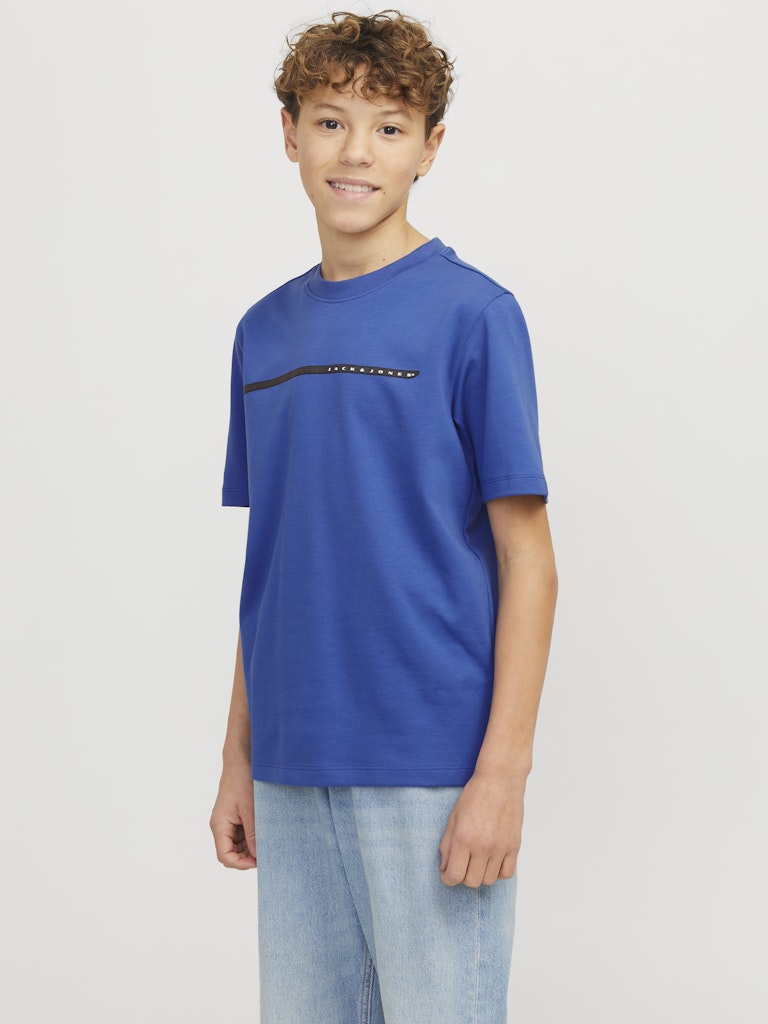 Fusion Full Branding Beaucoup Blue Junior Tee-Model Side/Front View