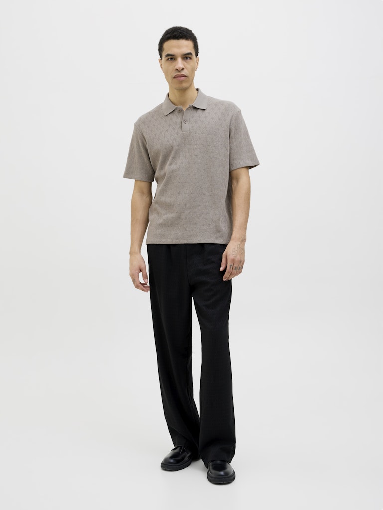Trent Jacquard Polo Shirt-Greige-Full model view