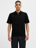 JACK JONES PREMIUM Milano Spring Knit Polo Short Sleeve-Black BLACK front view