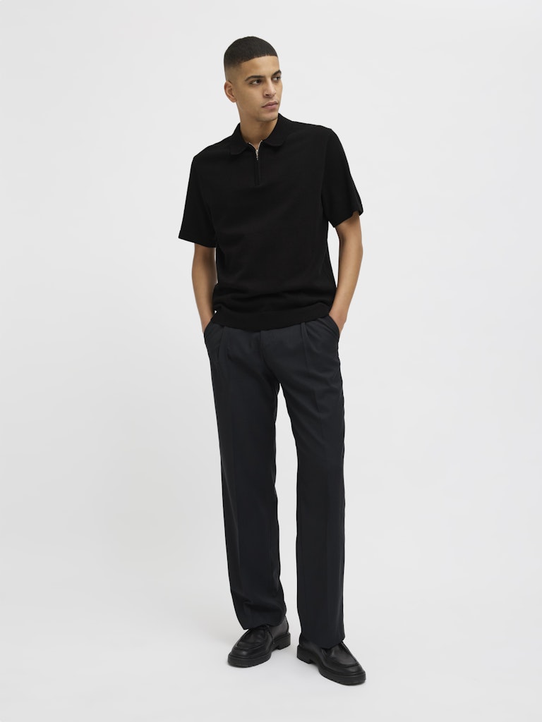 JACK JONES PREMIUM Milano Spring Knit Polo Short Sleeve-Black BLACK model front view