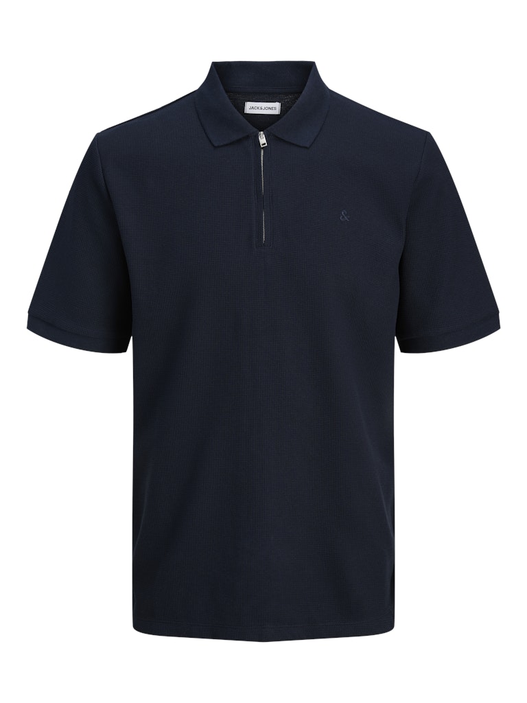 Navy polo shirt on a white background