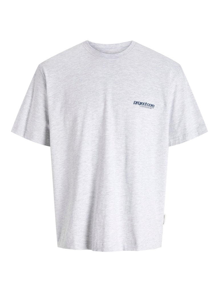 White t-shirt with a small logo on a white background