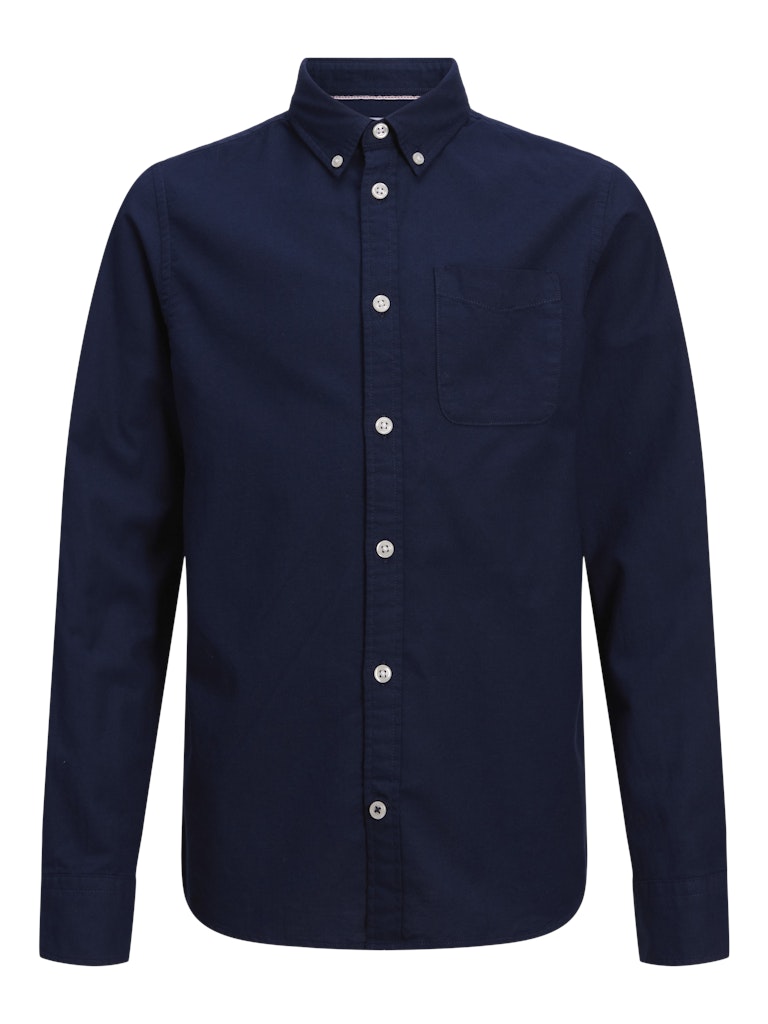 Navy blue button-up shirt on a white background