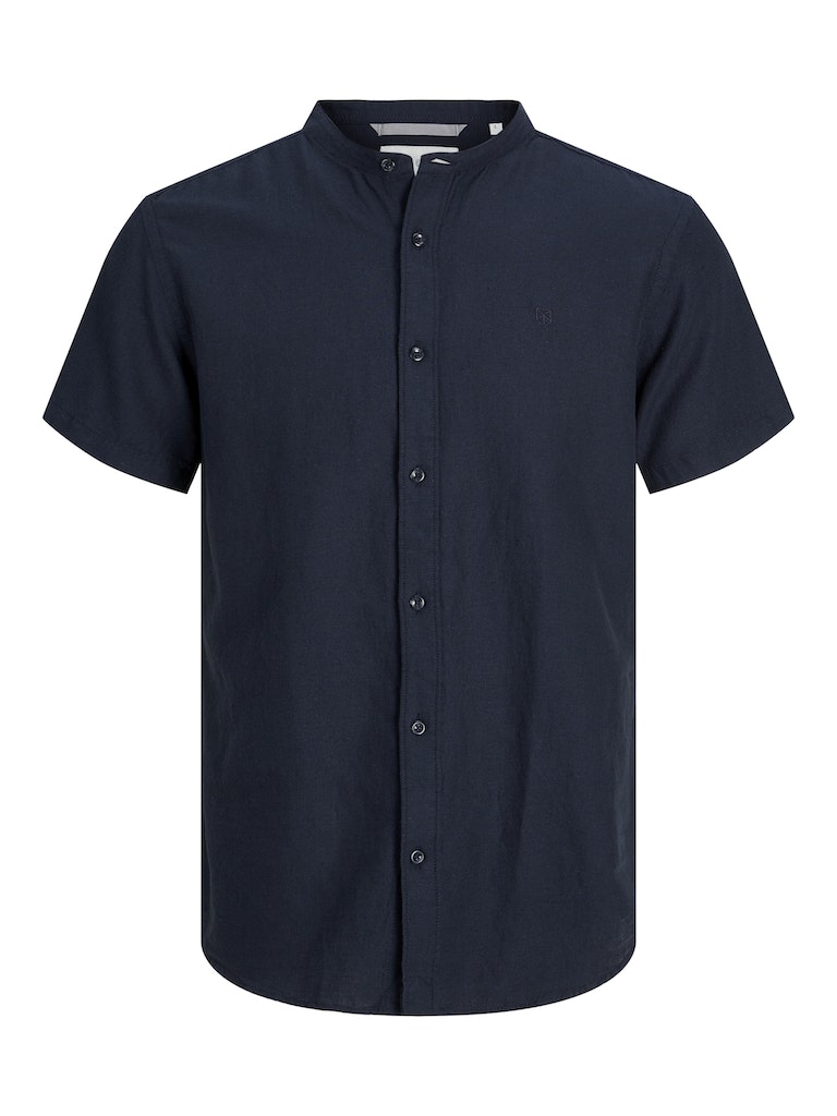 Maze Linen Band Collar Short Sleeve Shirt -Night Sky