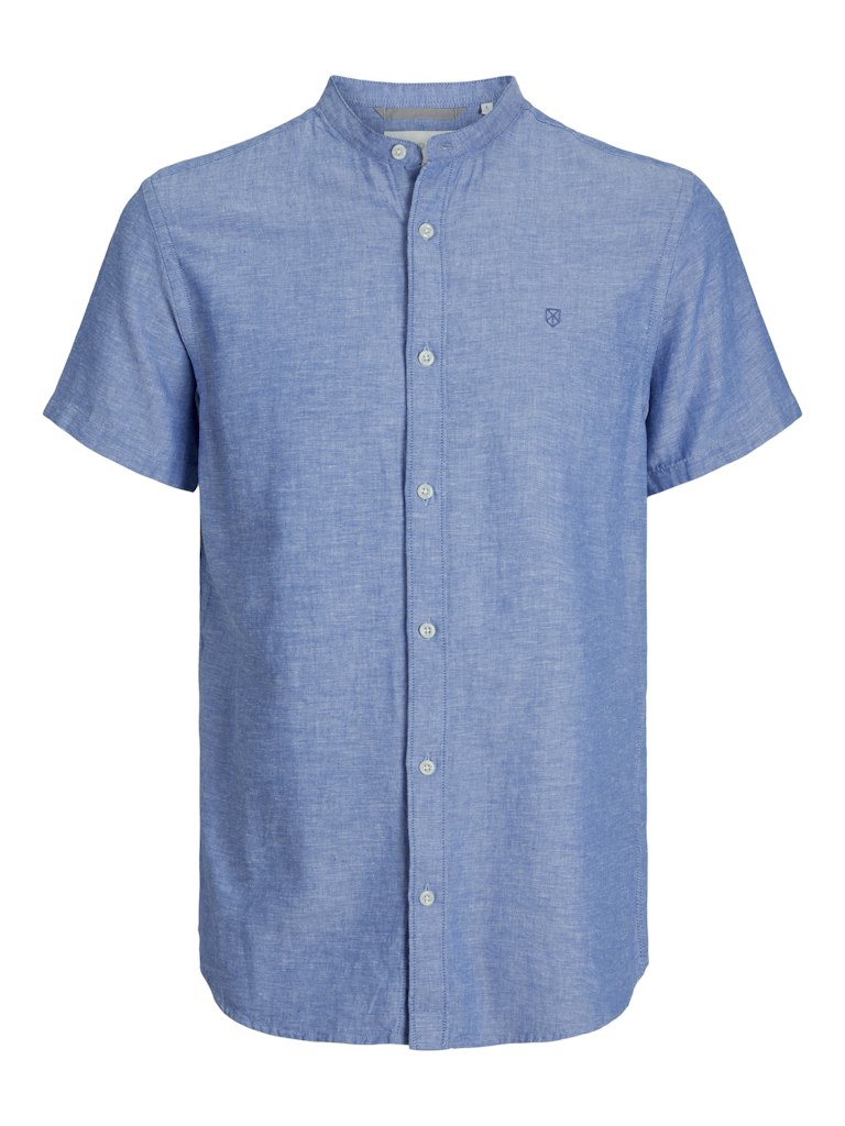 Maze Linen Band Collar Short Sleeve Shirt-Palace Blue
