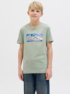 Jack Jones Youths Colton Photoprint Junior Tee Short Sleeve Crew Neck-Iceberg Green Iceberg Green front view