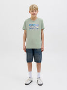 Jack Jones Youths Colton Photoprint Junior Tee Short Sleeve Crew Neck-Iceberg Green Iceberg Green model front view