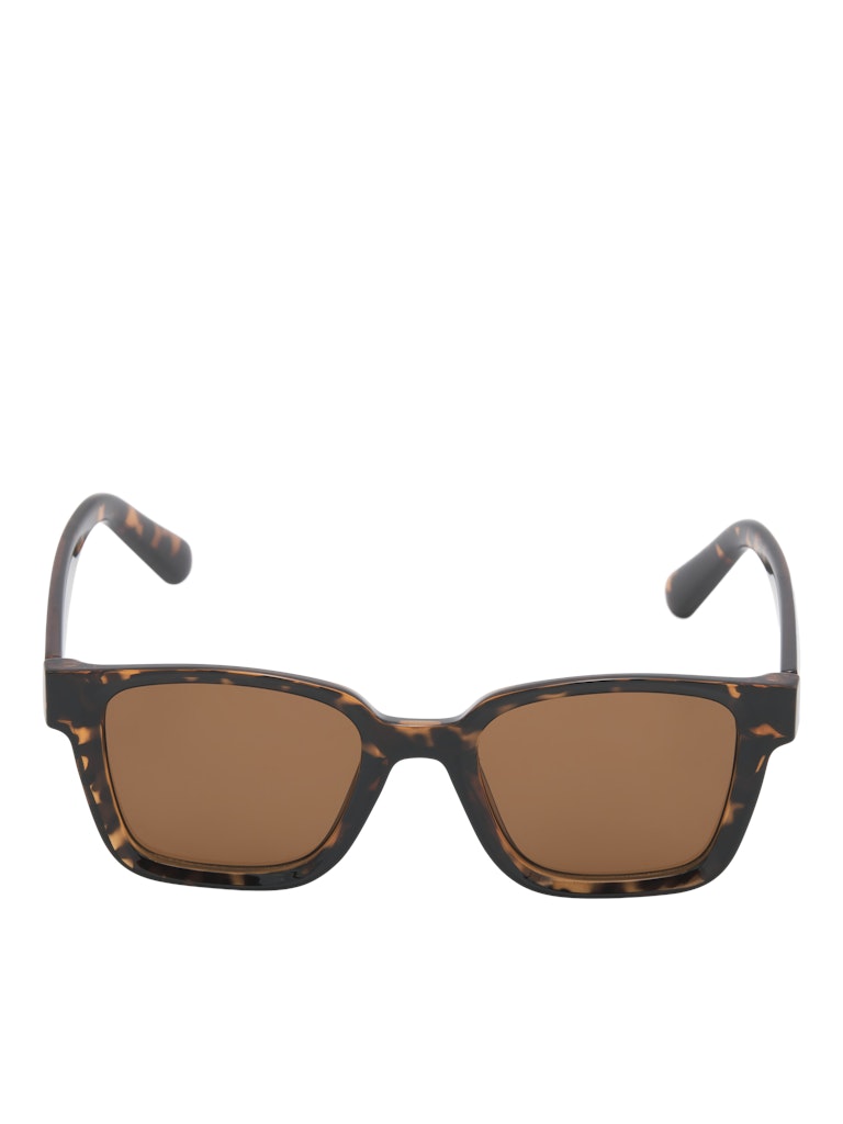 Sunglasses with tortoiseshell frame and brown lenses on a white background