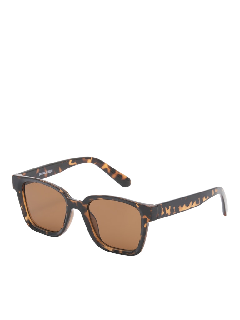 Sunglasses with tortoiseshell frame and brown lenses on a white background