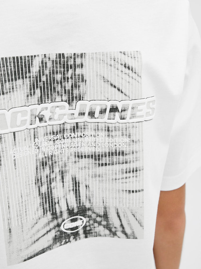 Jack Jones Youths Lido Back Print Boys White Tee Bright White flat front view