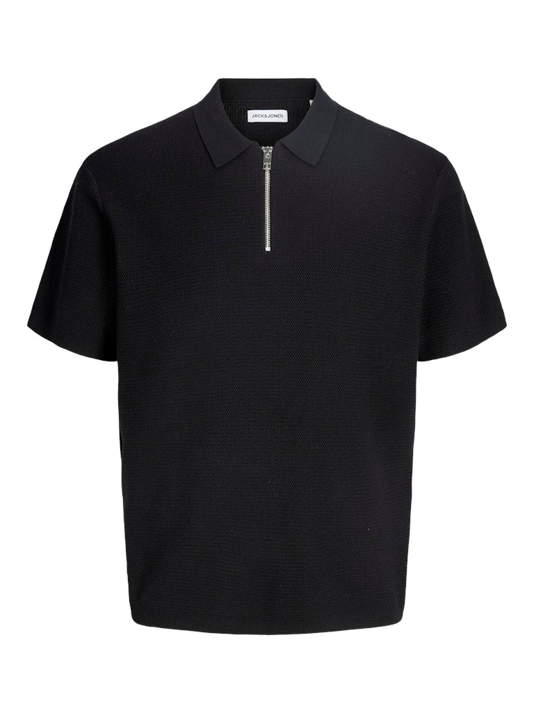 Black polo shirt with a zipper on a white background
