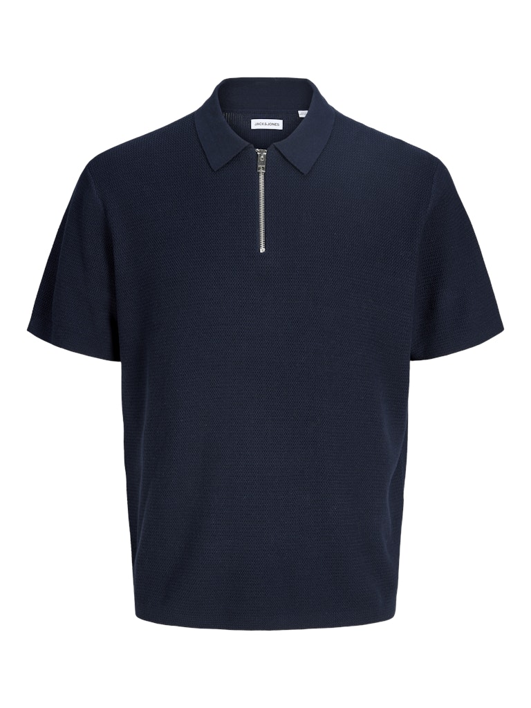 Navy polo shirt with a zipper on a white background