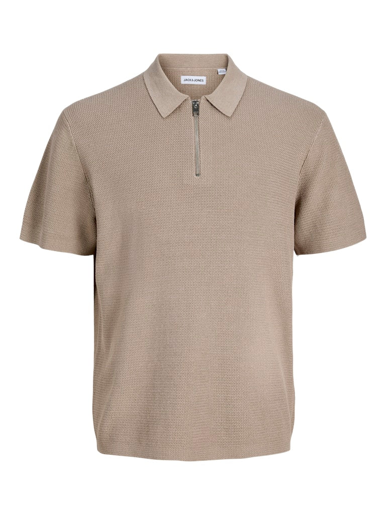 Beige short-sleeve polo shirt with a collar and zipper on a white background