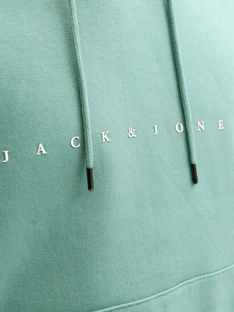 Close-up of a light green hoodie with 'Jack & Jones' branding across the chest.