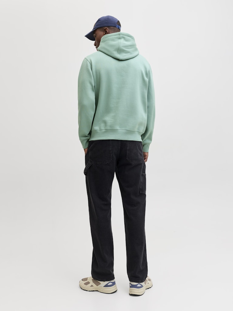 Person wearing a light green hoodie and dark pants on a white background