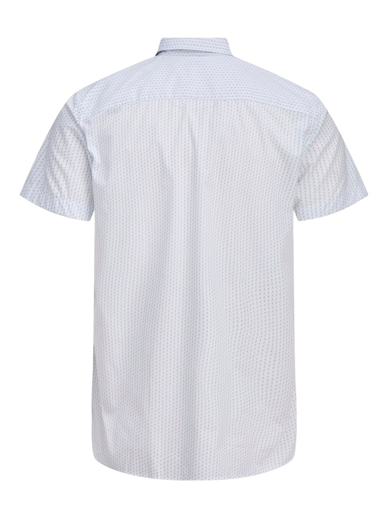 Back view of a short-sleeve shirt with a subtle pattern on a white background