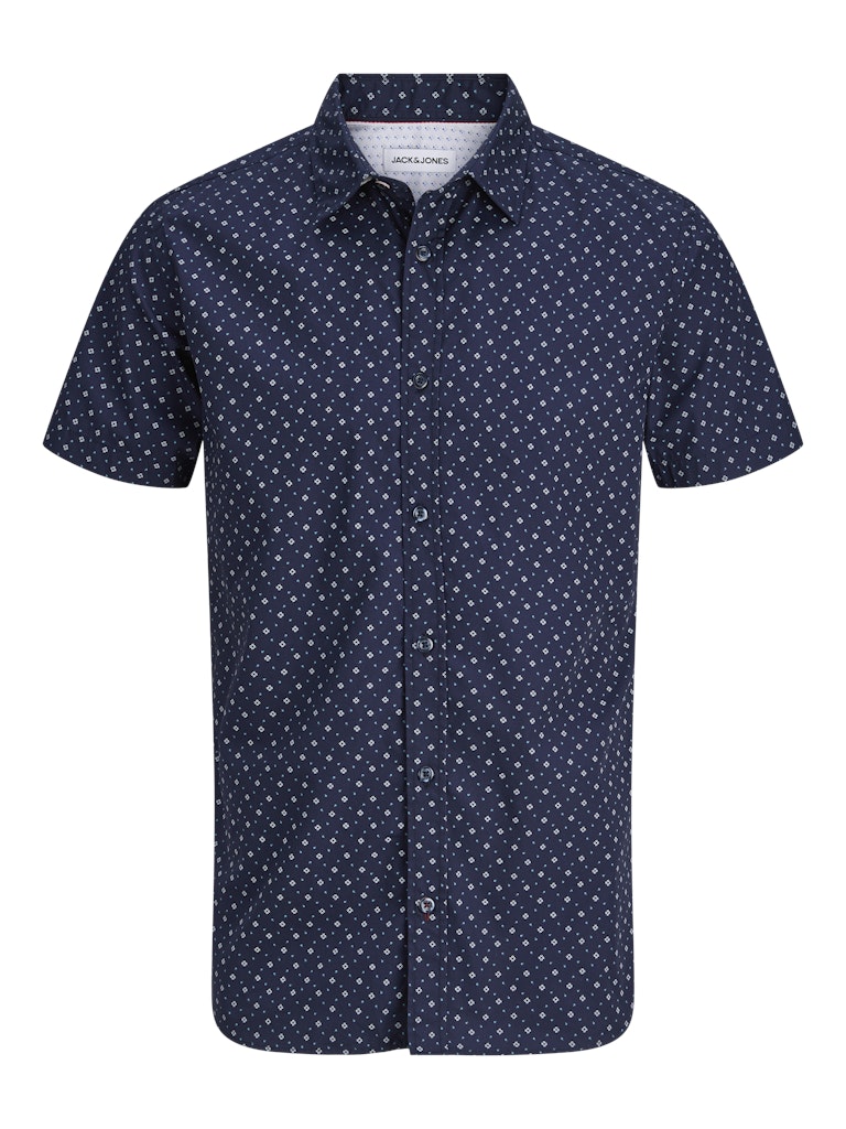 Navy short-sleeve shirt with white pattern on a white background