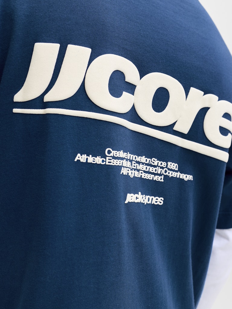 Navy blue sweatshirt with white text and branding on a plain background