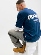 JACK JONES CORE Club Back Print T-Shirt-Poseidon Poseidon model front view